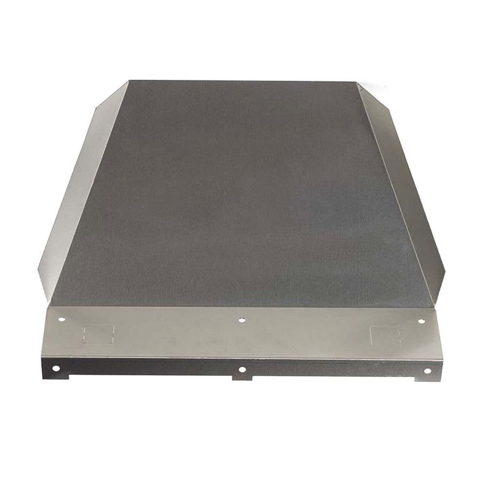 Vinyl siding shield, gray metal top plate with bottom mounting holes and flanges