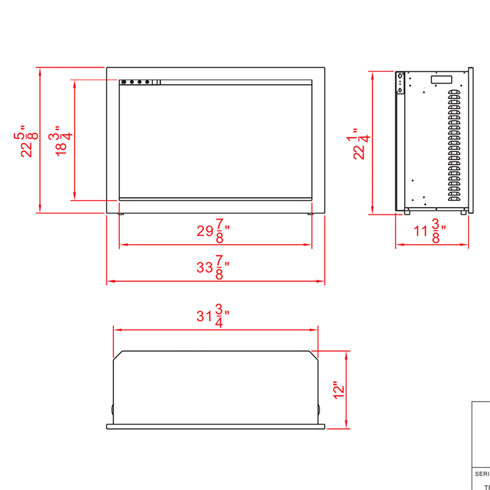 Electric fireplace dimensions diagram with front, side, and top measurements