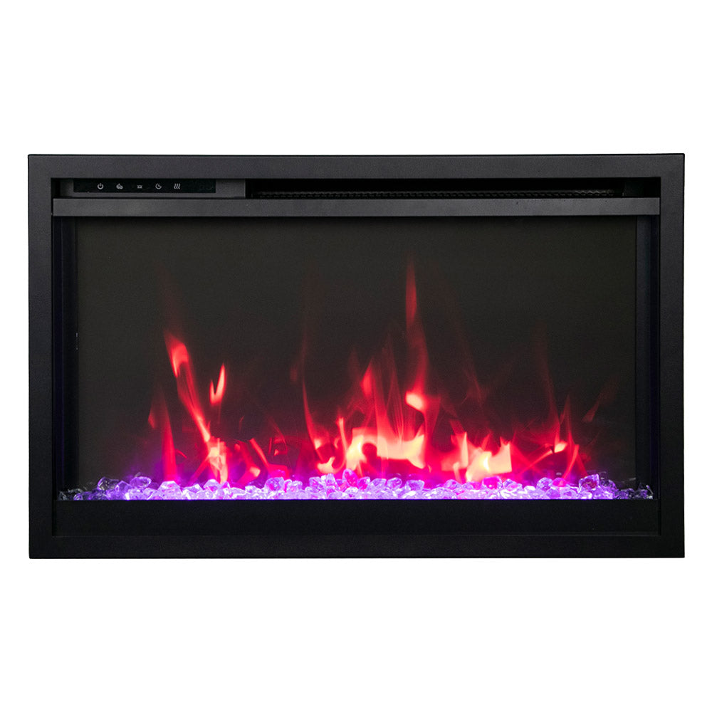 Black built-in electric fireplace with realistic red flame and purple ember bed