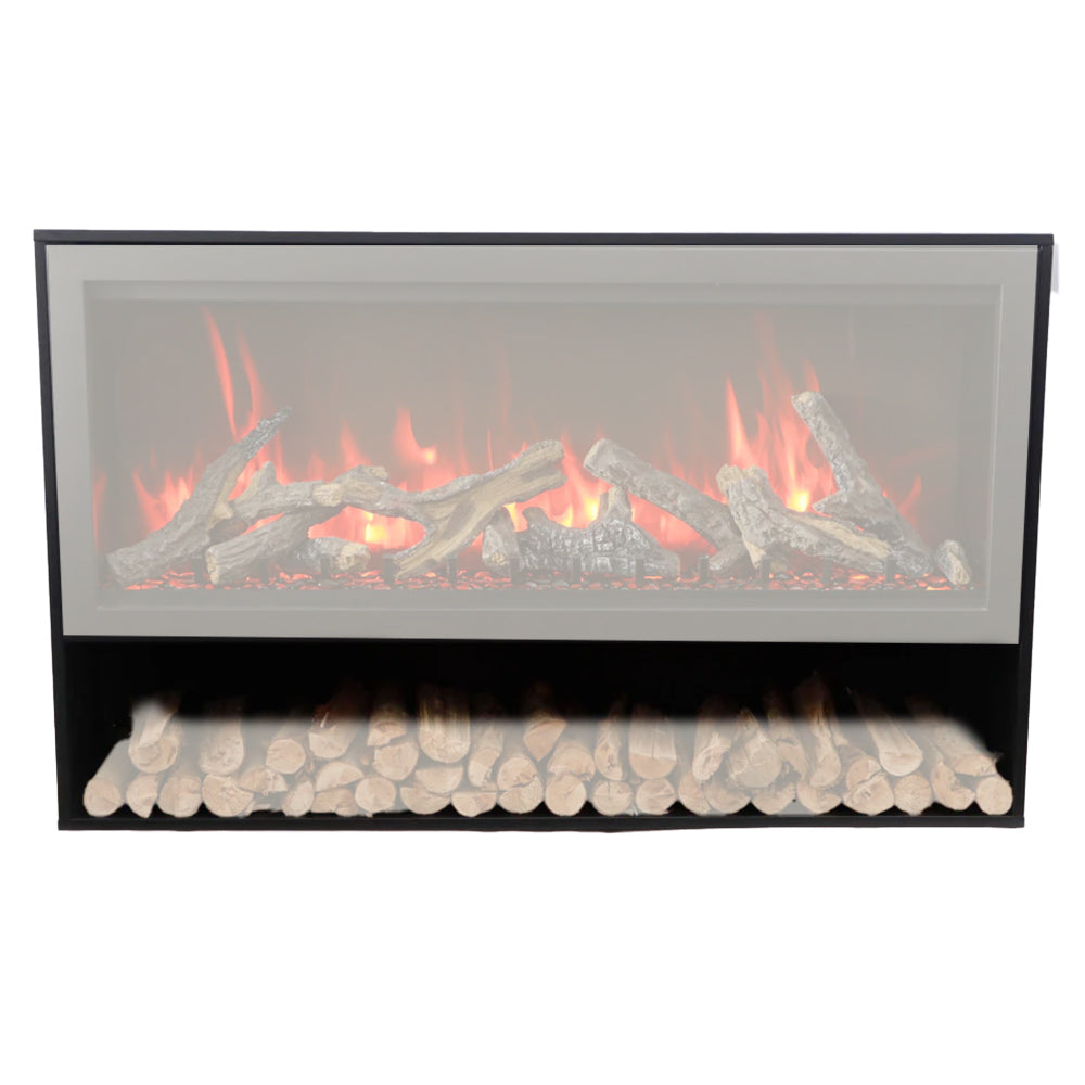 Electric fireplace pedestal with storage, dark frame, flame and log display.