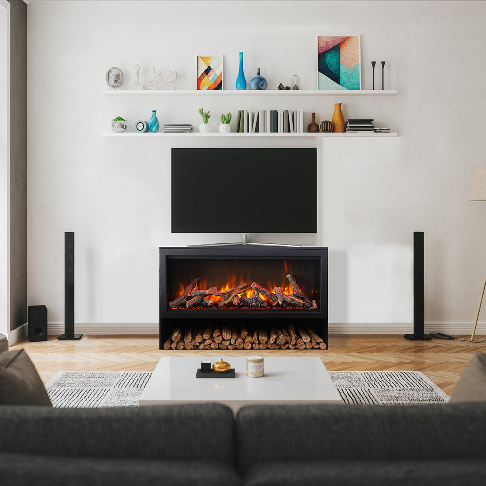 Black electric fireplace insert with glowing logs and tall viewing firebox
