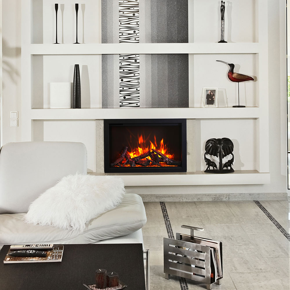 Electric fireplace with black trim in white mantel, flames visible