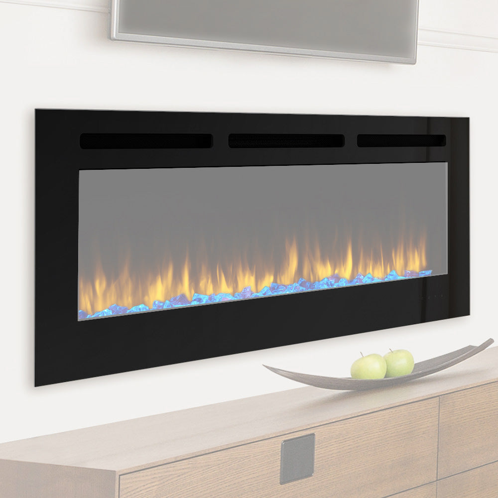 Recessed electric fireplace trim kit with black rectangular frame and open glass front