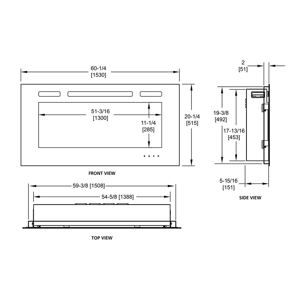 Recessed electric fireplace trim kit dimension diagram: front, side, and top views