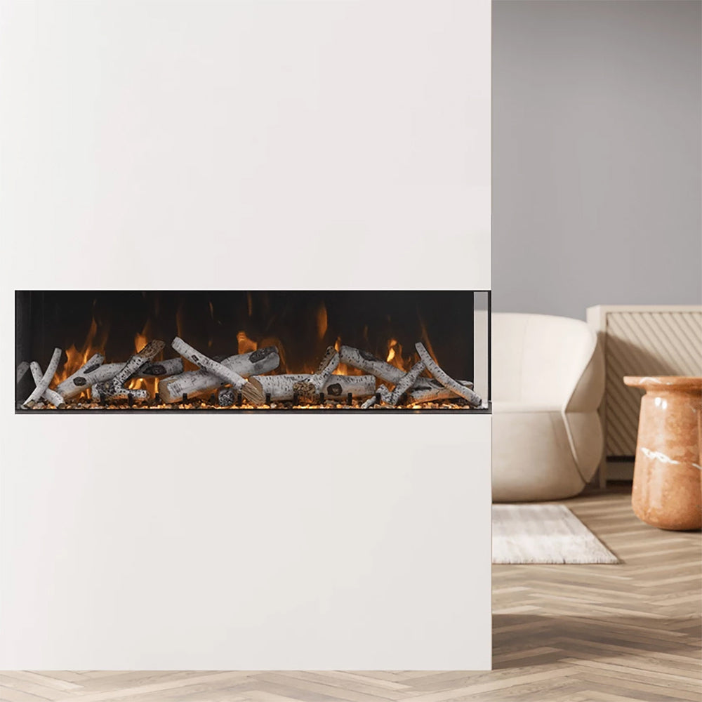 Black built-in smart electric fireplace with faux logs and orange flames in open niche
