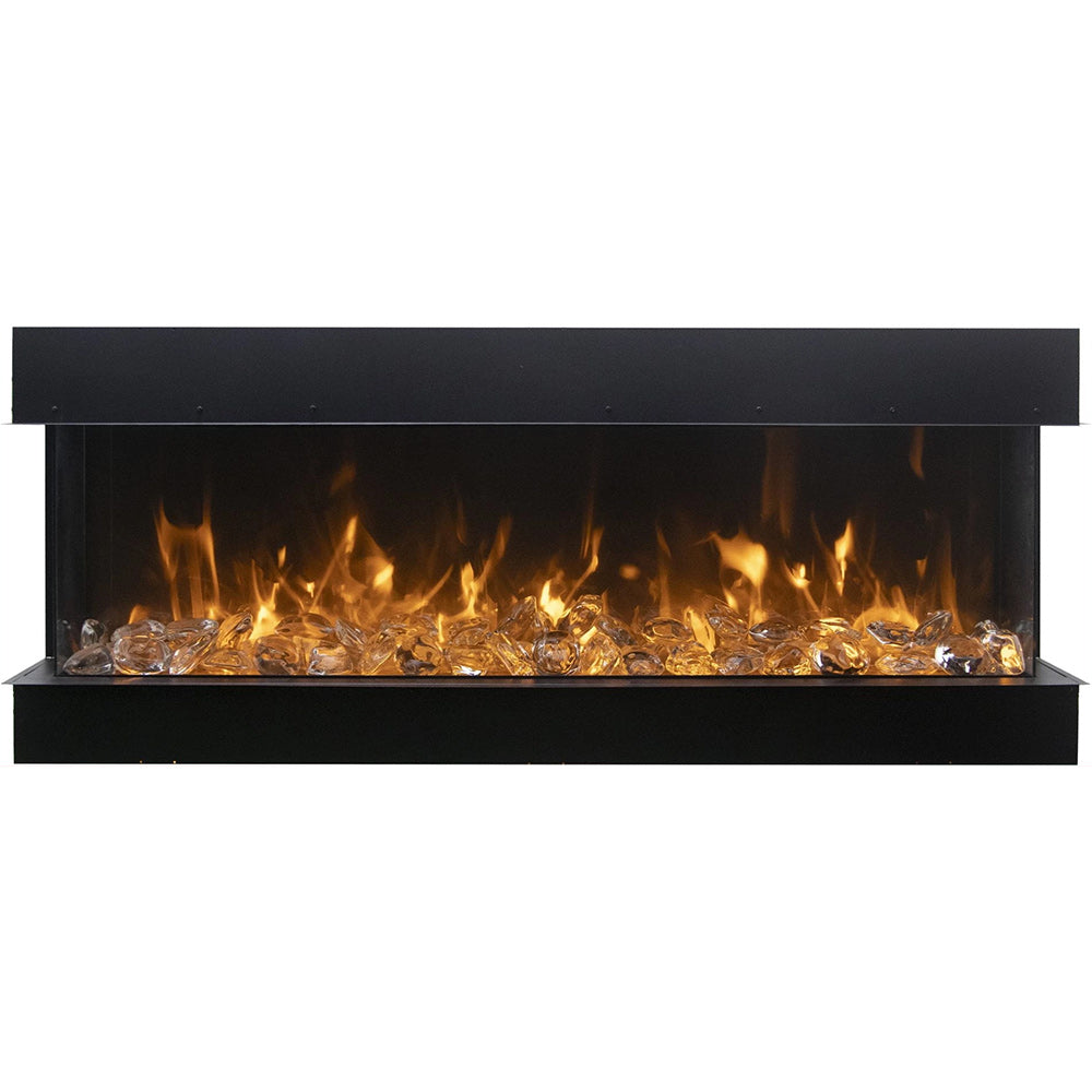 Black 3-sided smart electric fireplace with glowing faux logs and bright orange flames
