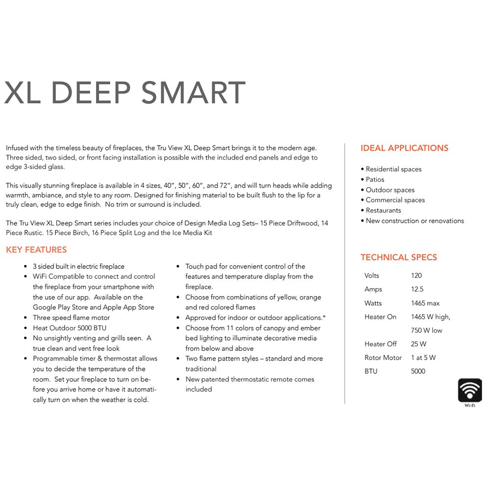 Smart electric fireplace brochure page listing features and technical specs