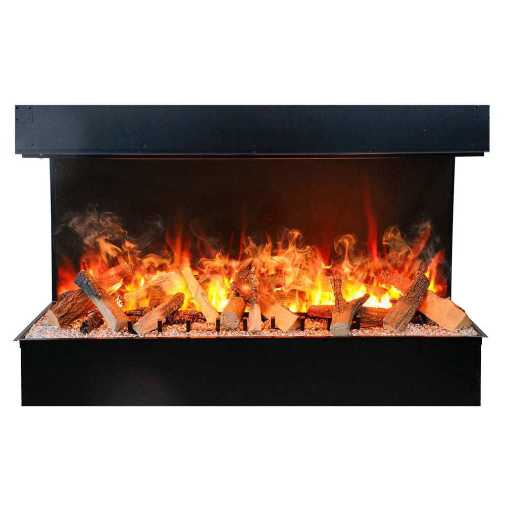 Amantii built-in 3-sided electric fireplace with glowing orange flames and log set