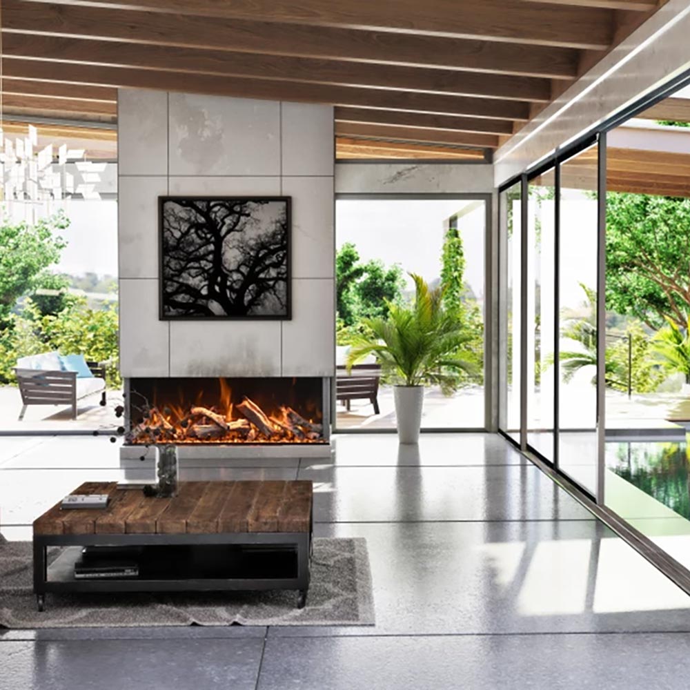 Built-in electric fireplace with black firebox and visible flames in modern room