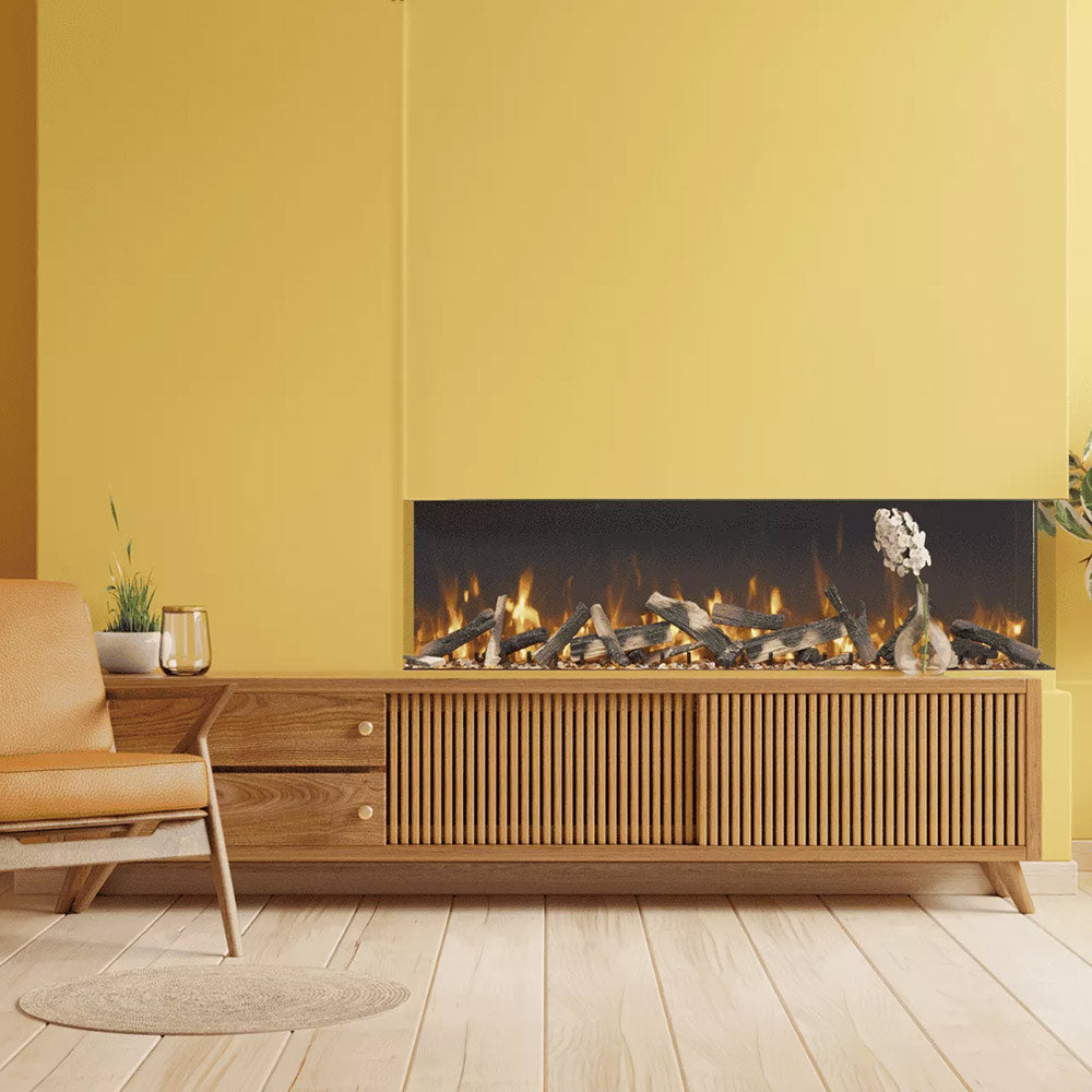 Built-in electric fireplace with burning log-style media and wood base
