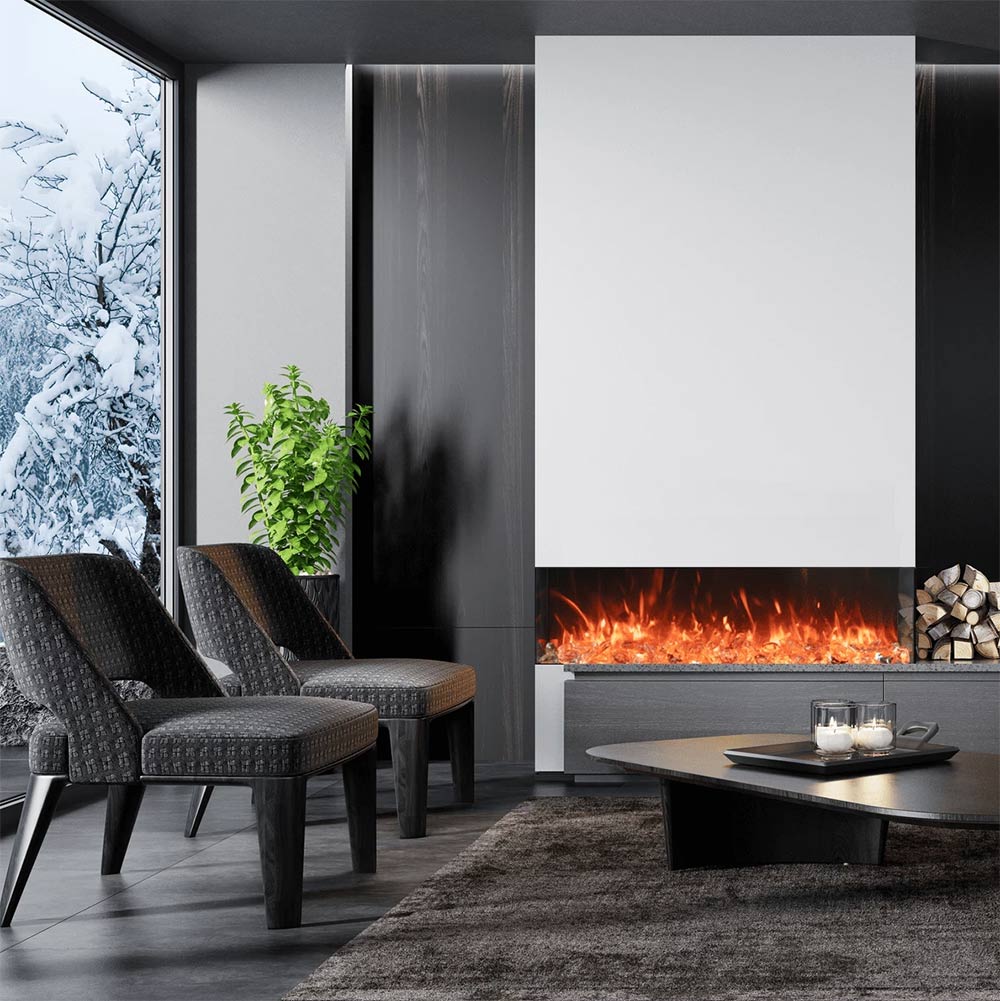 Built-in electric fireplace with three-sided flame view and white wall surround