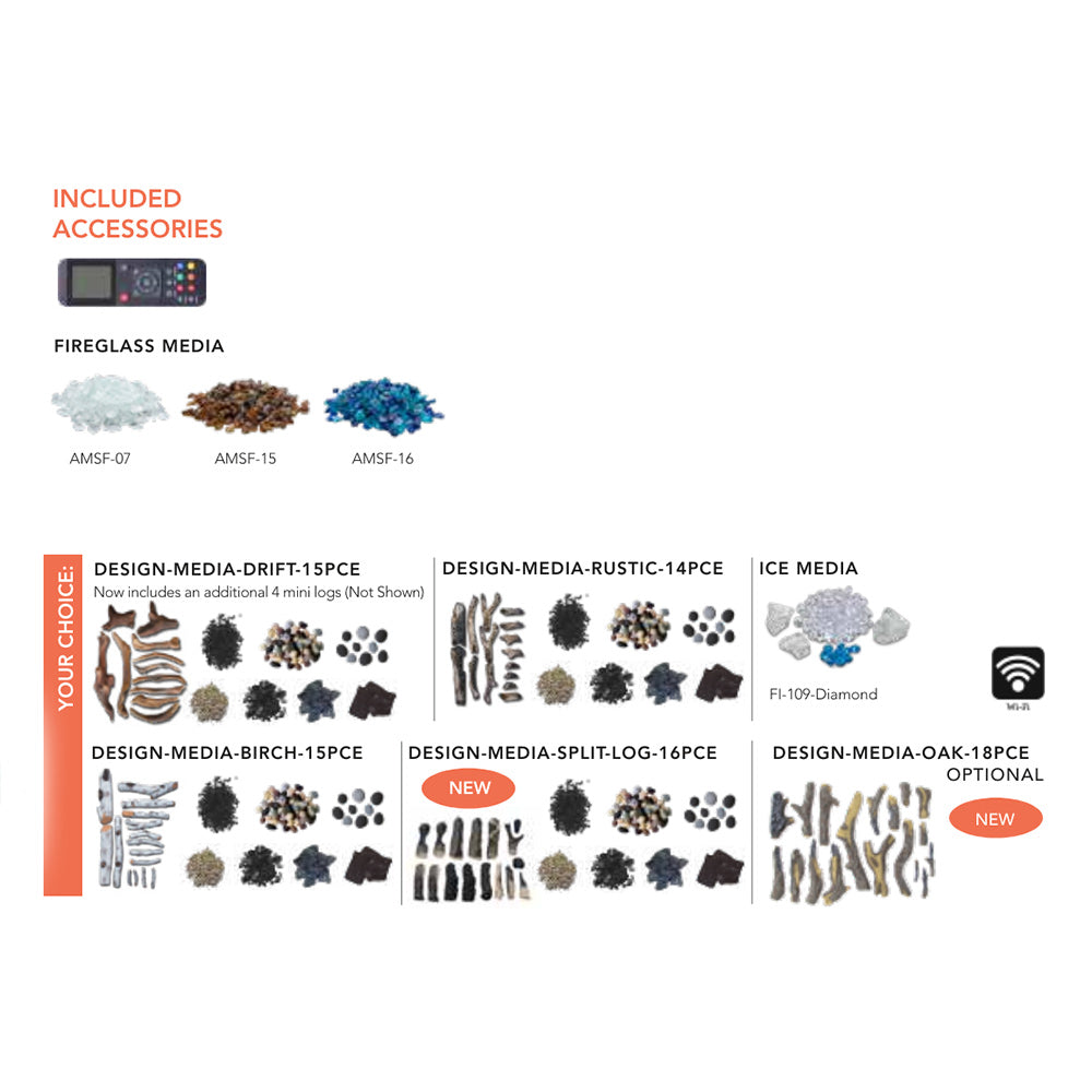 Brochure page listing included fireglass media and design media options