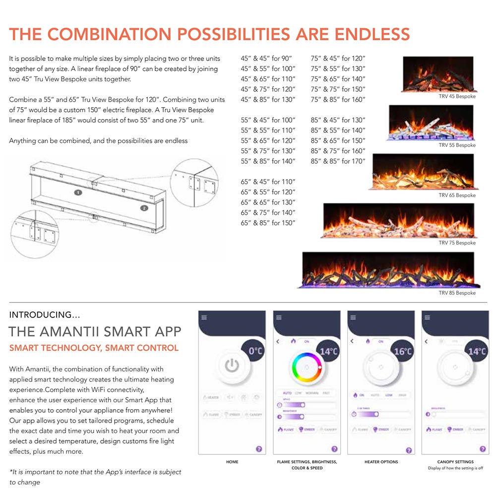 Brochure page showing combination sizes and smart app interface screenshots