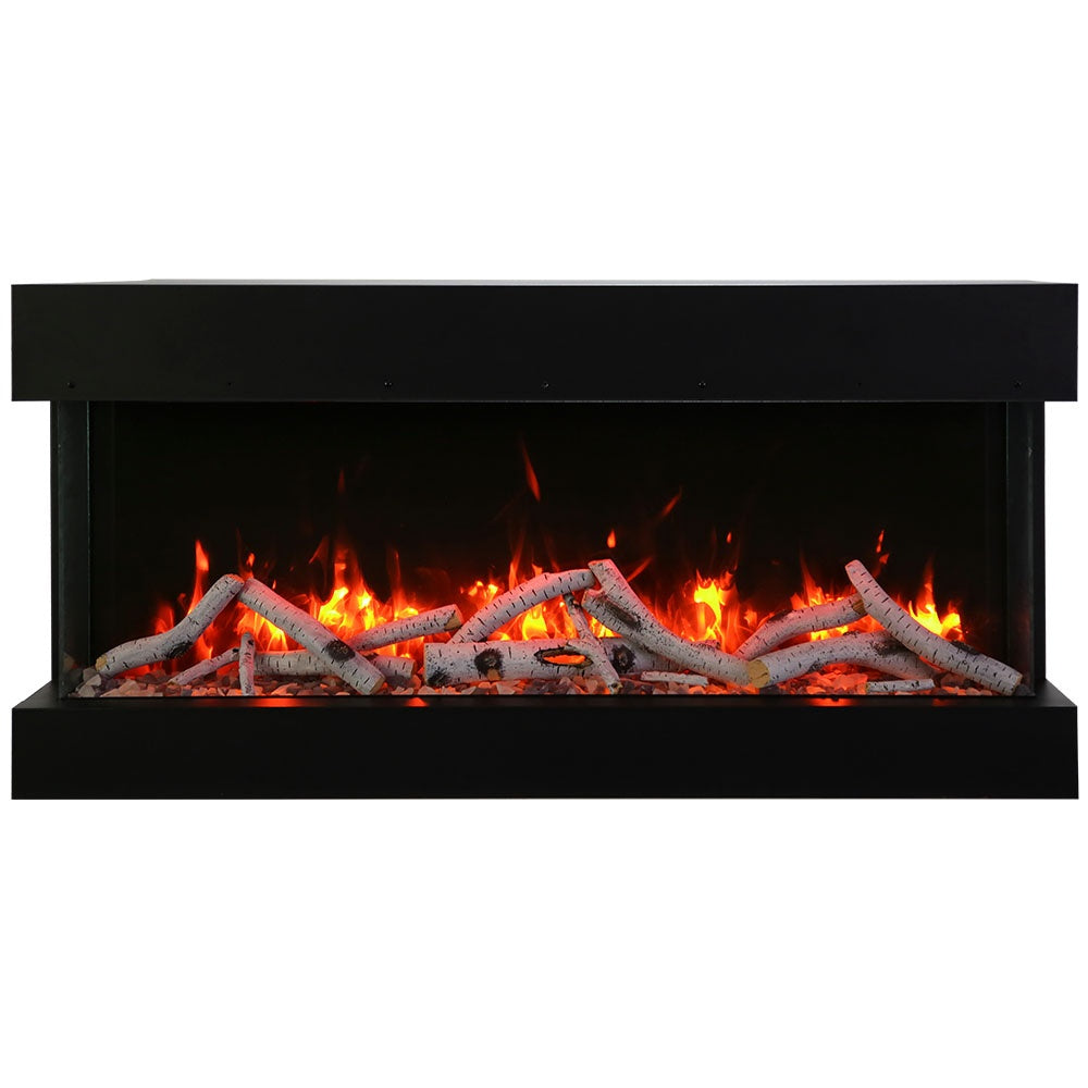 Built-in electric fireplace with black surround and orange flame effect logs