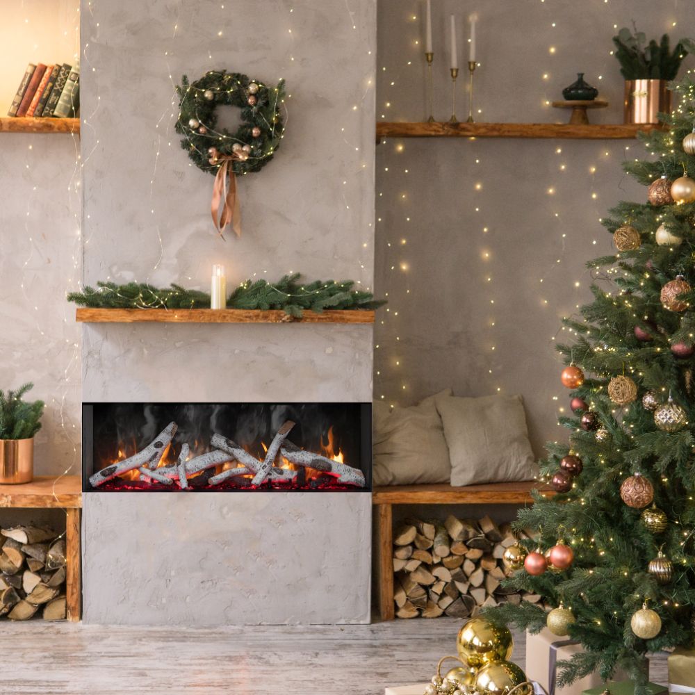 Built-in electric fireplace with flame effect in white mantel and hearth surround