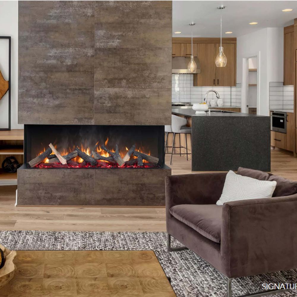 Built-in electric fireplace in gray stone surround with orange flame effect and logs