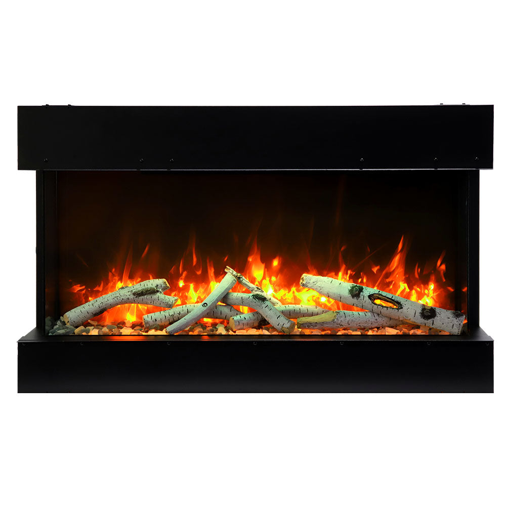 Amantii slim 3-sided smart electric fireplace with glowing flames and logs