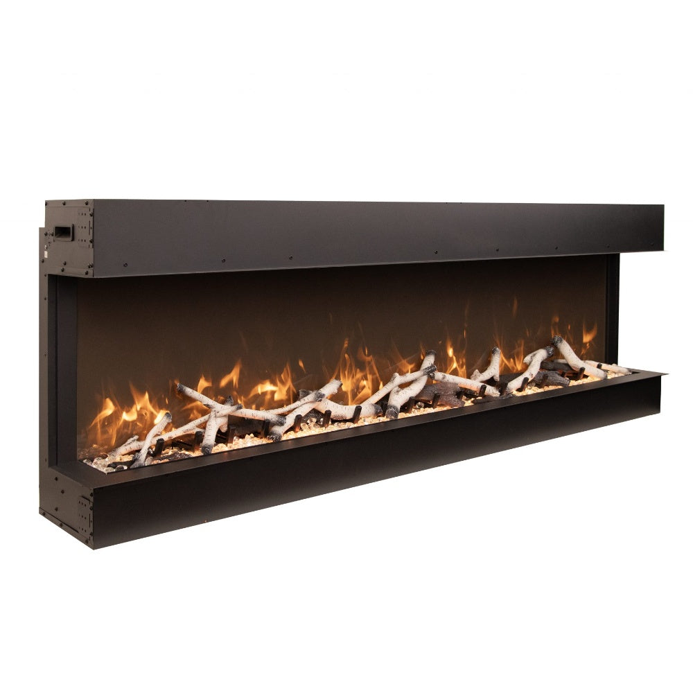 Black 3-sided electric fireplace showing side view of flame and log bed