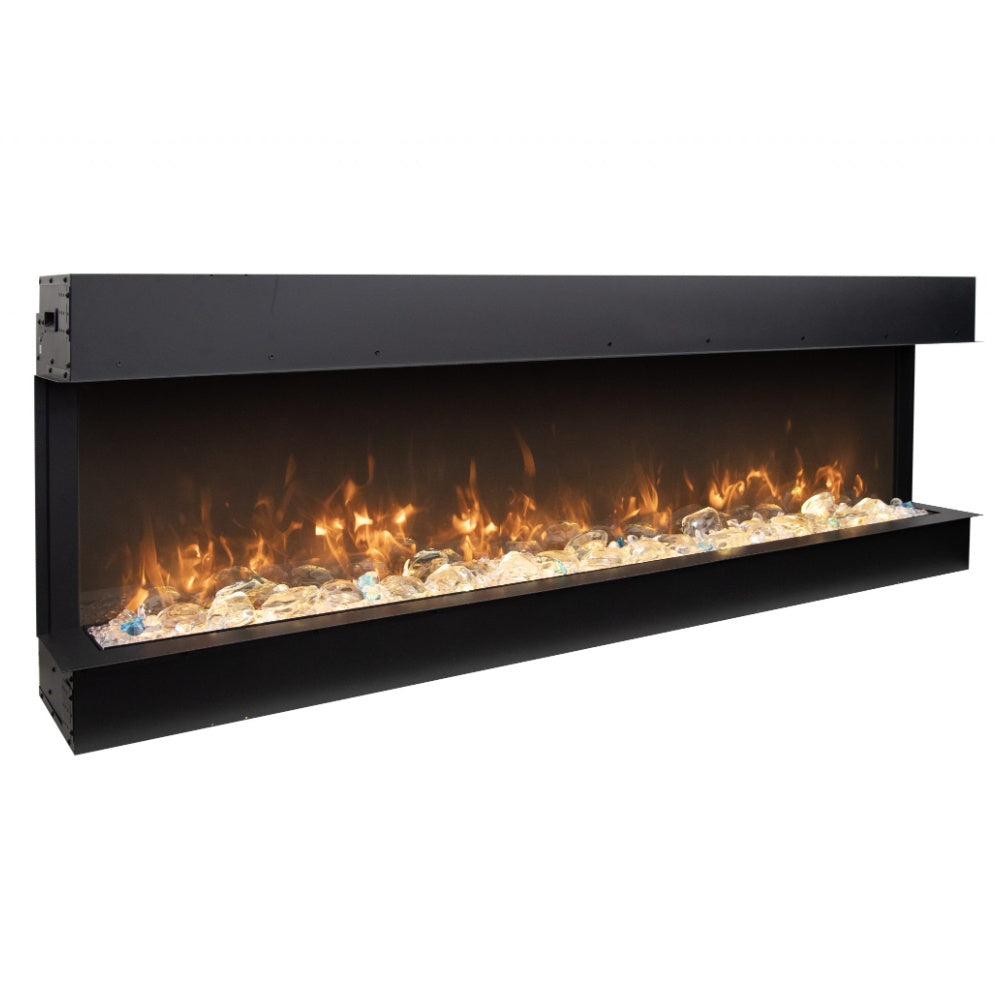 Slim black 3-sided electric fireplace with glowing orange flames and log bed