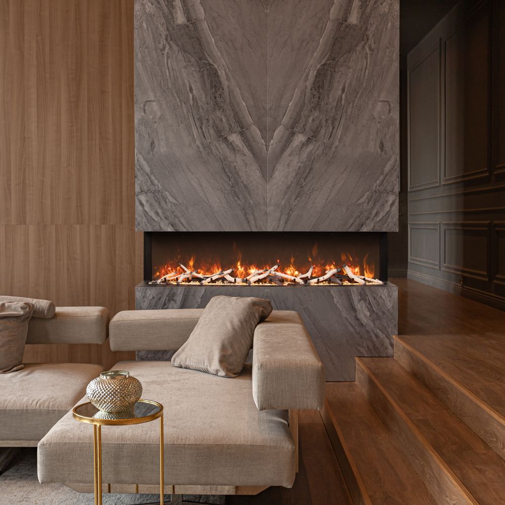 Wall-mounted electric fireplace with orange flames and realistic log bed in living room