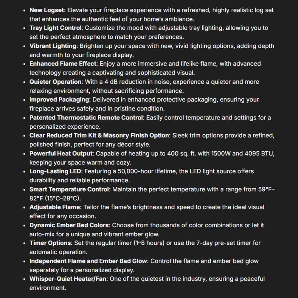 Bulleted feature and specifications list on a dark panel for an electric fireplace