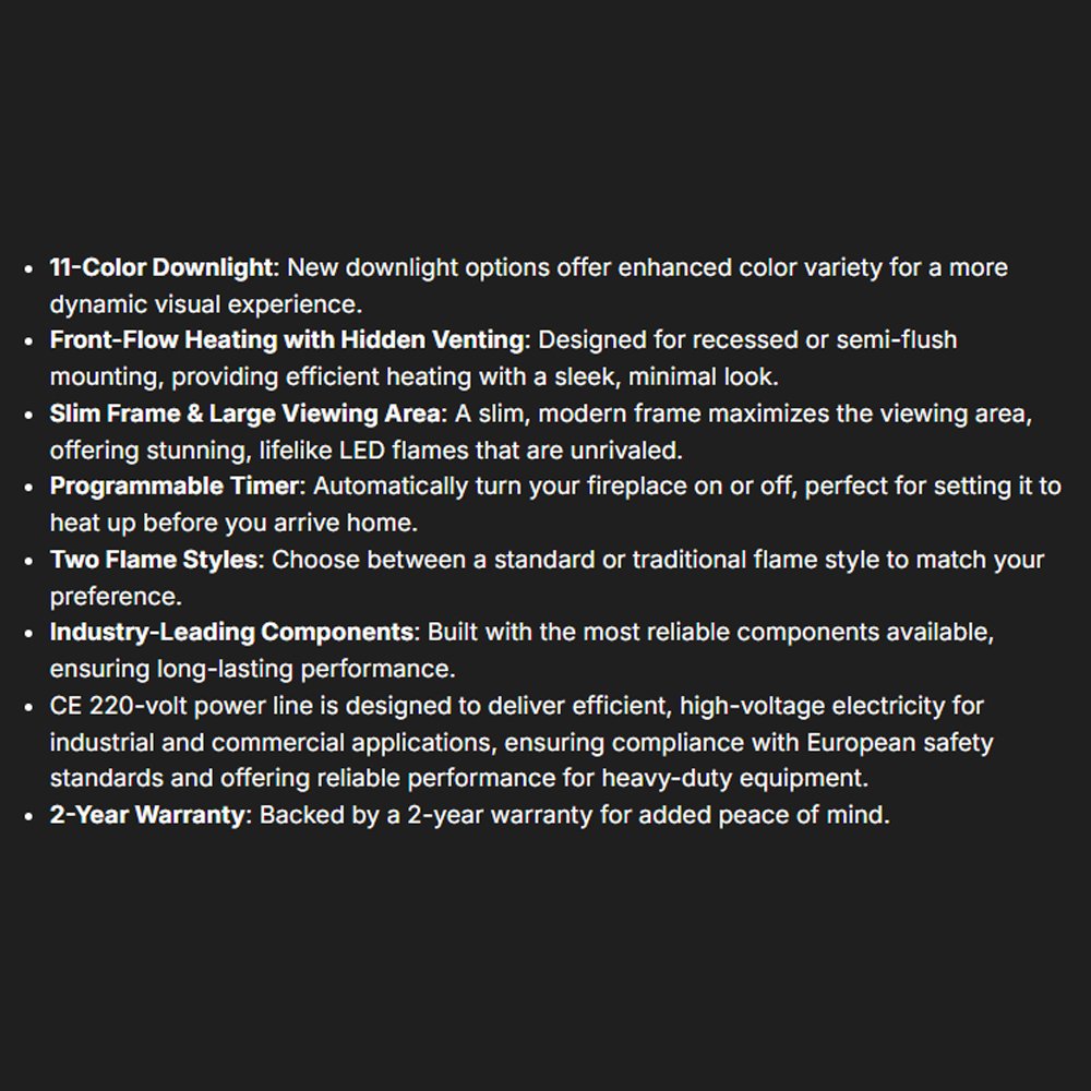 Bulleted text features on a dark background for an electric fireplace