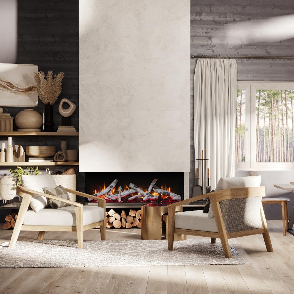 Built-in electric fireplace with flame bed and surrounding seating, three-sided view