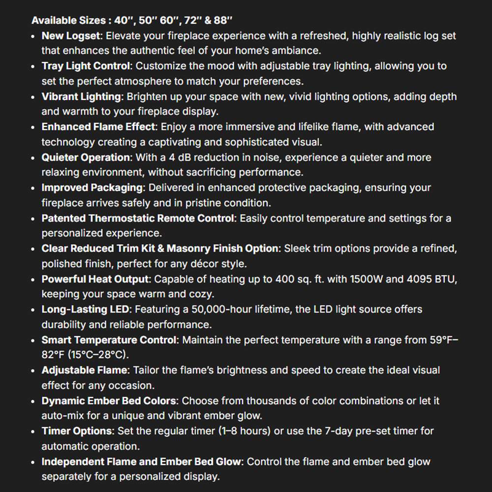 Electric fireplace specifications panel with available sizes and feature bullets