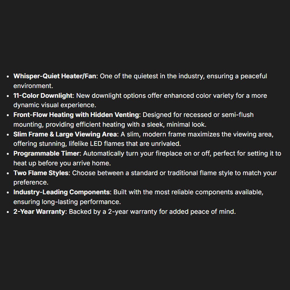 Electric fireplace feature list with bullet points on dark background