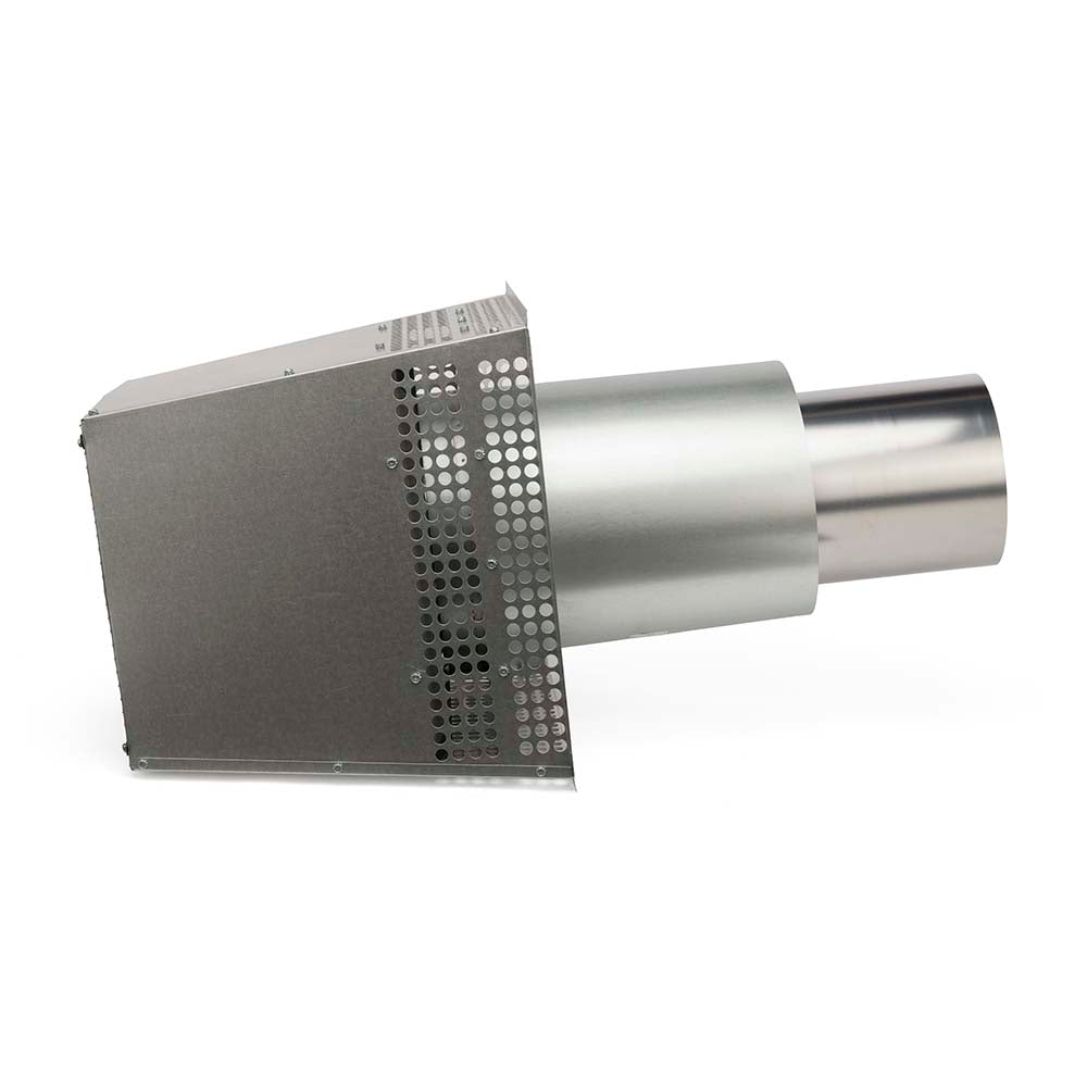 Trapezoid metal termination cap with perforated side and cylindrical outlet, silver finish