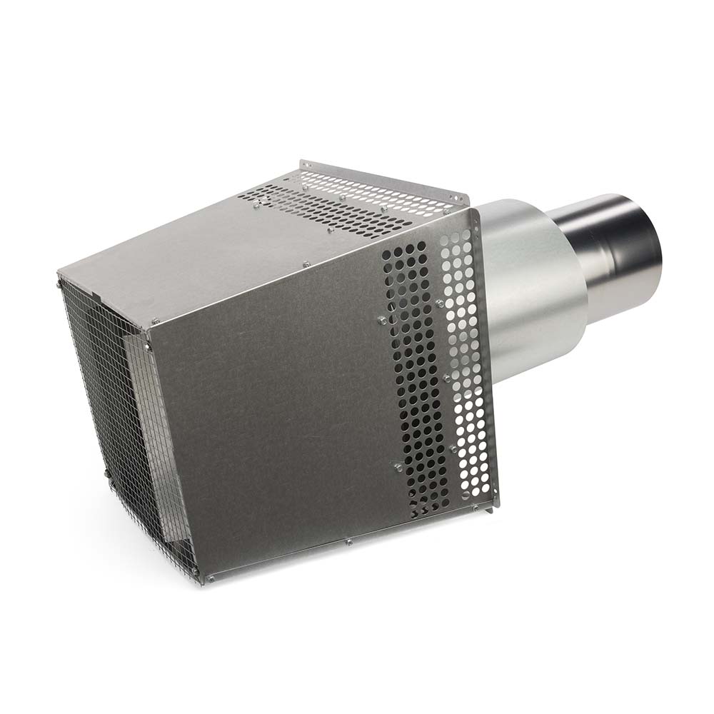 Trapezoid metal termination cap with front perforated panel and short cylindrical outlet