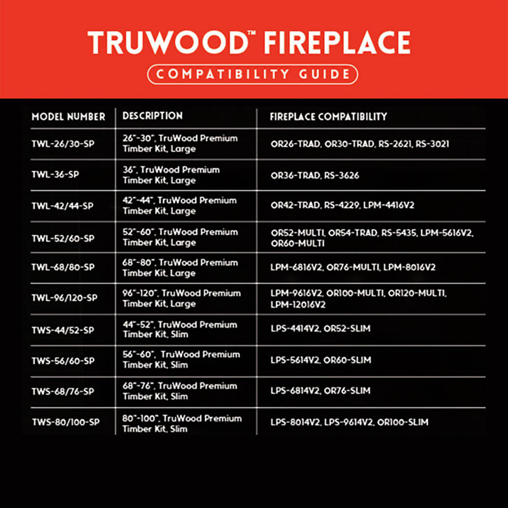 TruWood Fireplace compatibility guide chart with model numbers and fireplace match list