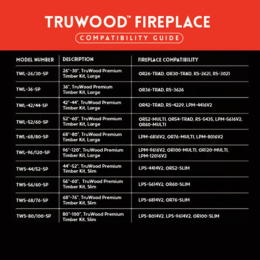 TruWood fireplace compatibility guide chart with model numbers and match list