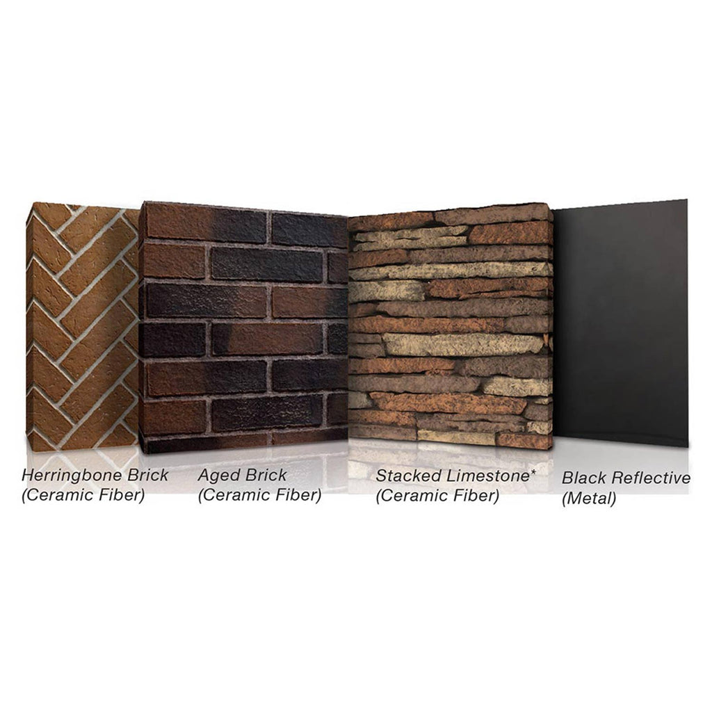 Fireplace panel material samples board with brick, aged stone, and black reflective metal