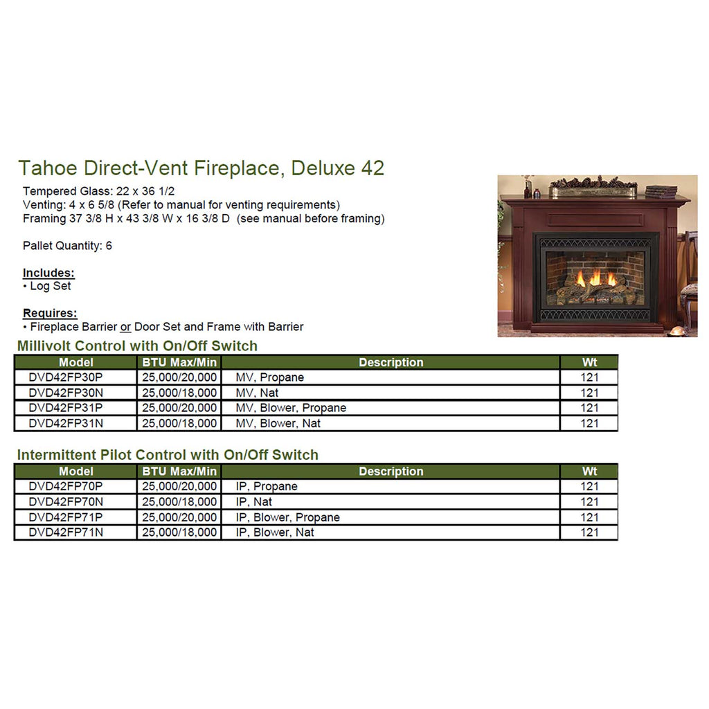 Tahoe direct-vent fireplace deluxe 42 spec sheet with model and venting tables