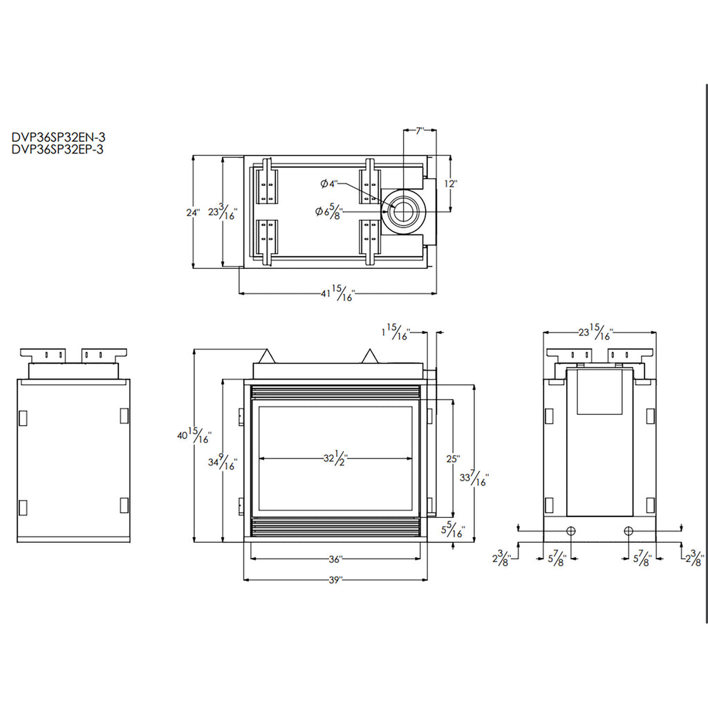 Technical dimension diagram for direct vent fireplace with front and side views