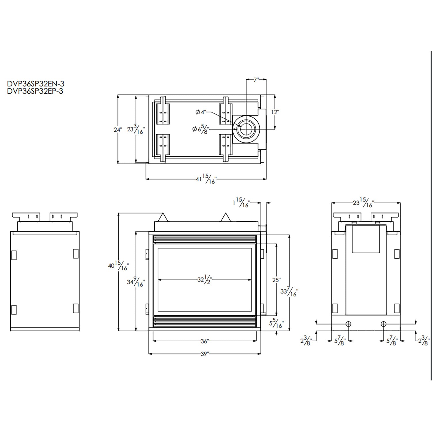 Technical dimension diagram for direct vent fireplace with front and side views