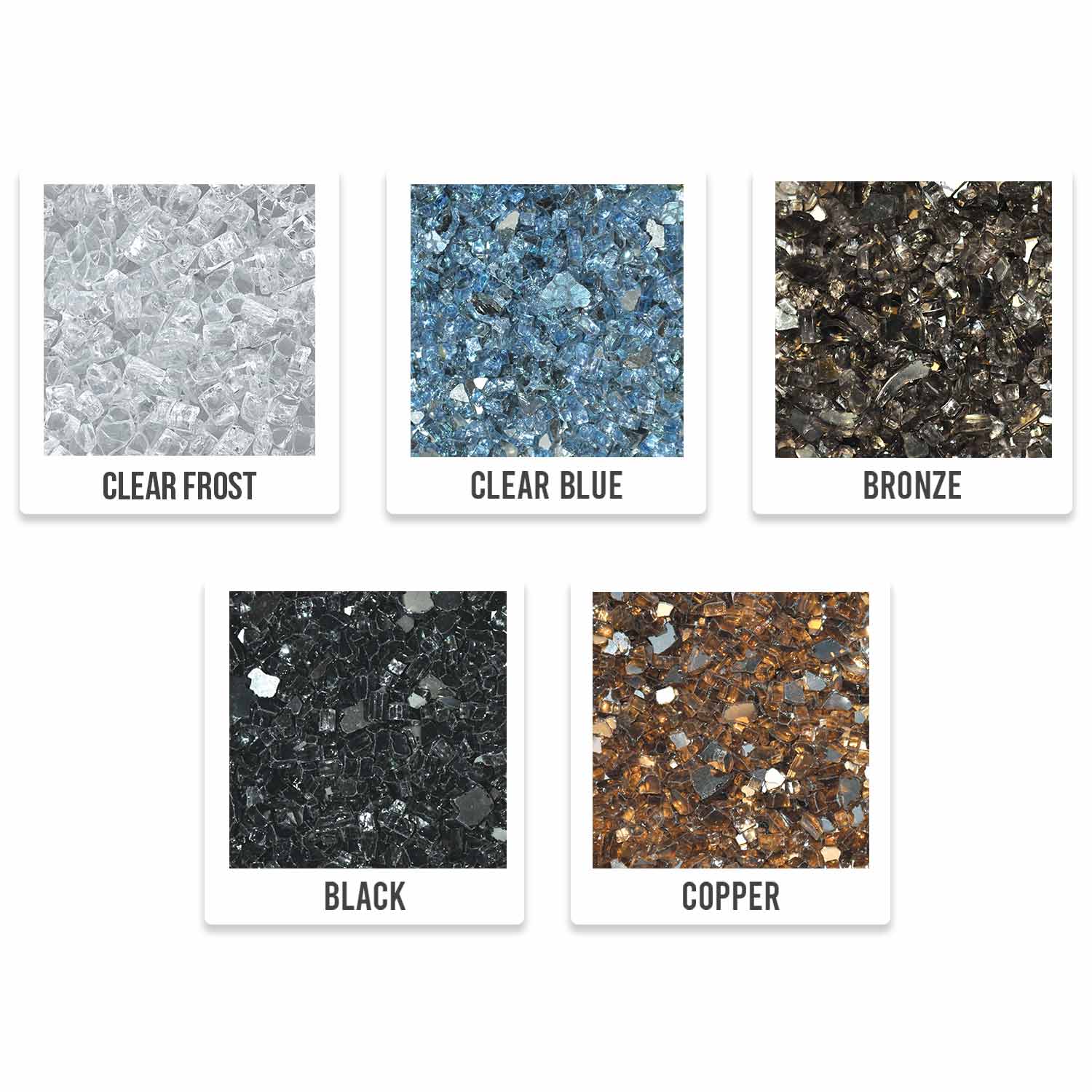 Glass media color swatches: clear frost, clear blue, bronze, black, and copper.