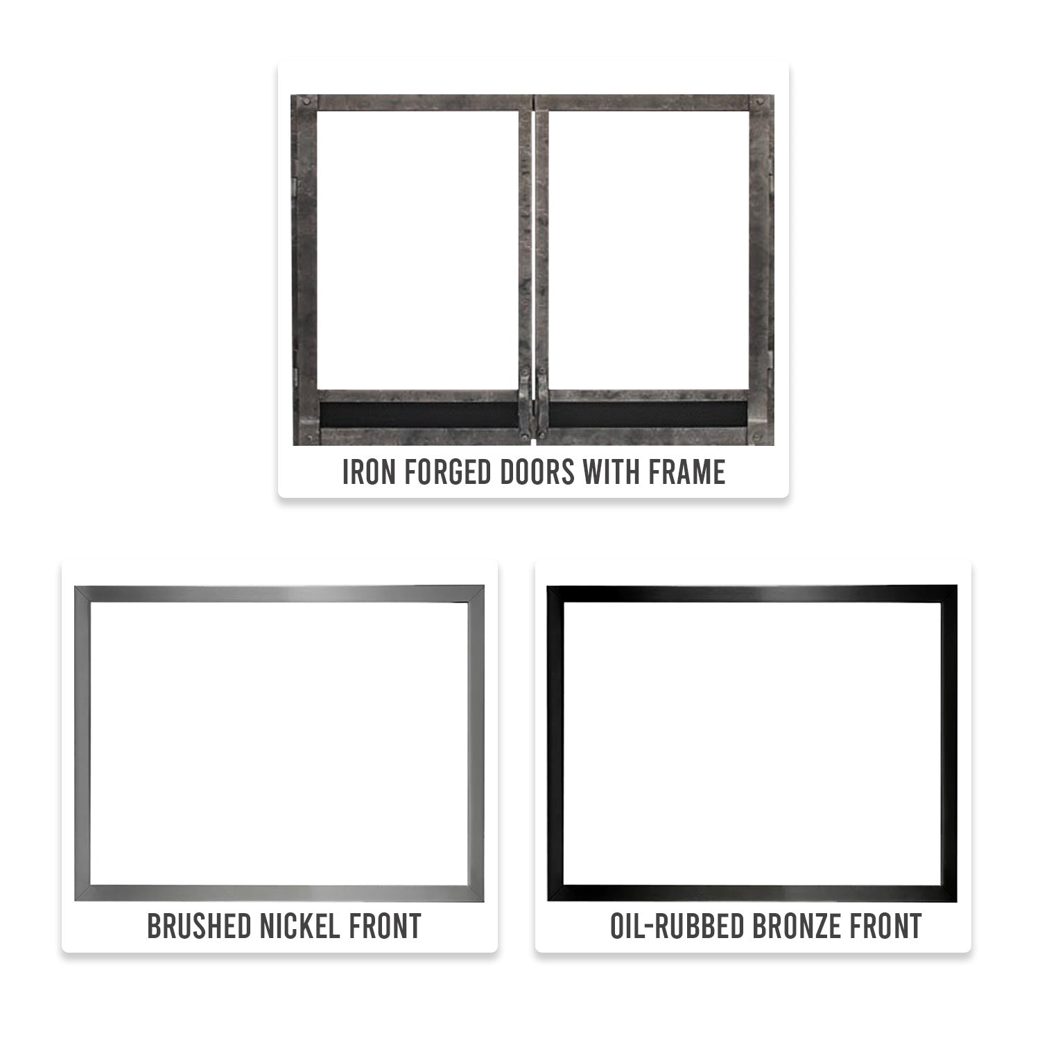 Gas fireplace iron doors with frame; brushed nickel and bronze front panel options