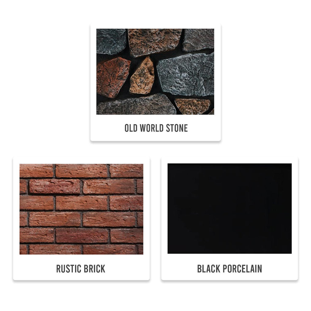 Fireplace material swatches showing stone, brick, and black porcelain panel finishes