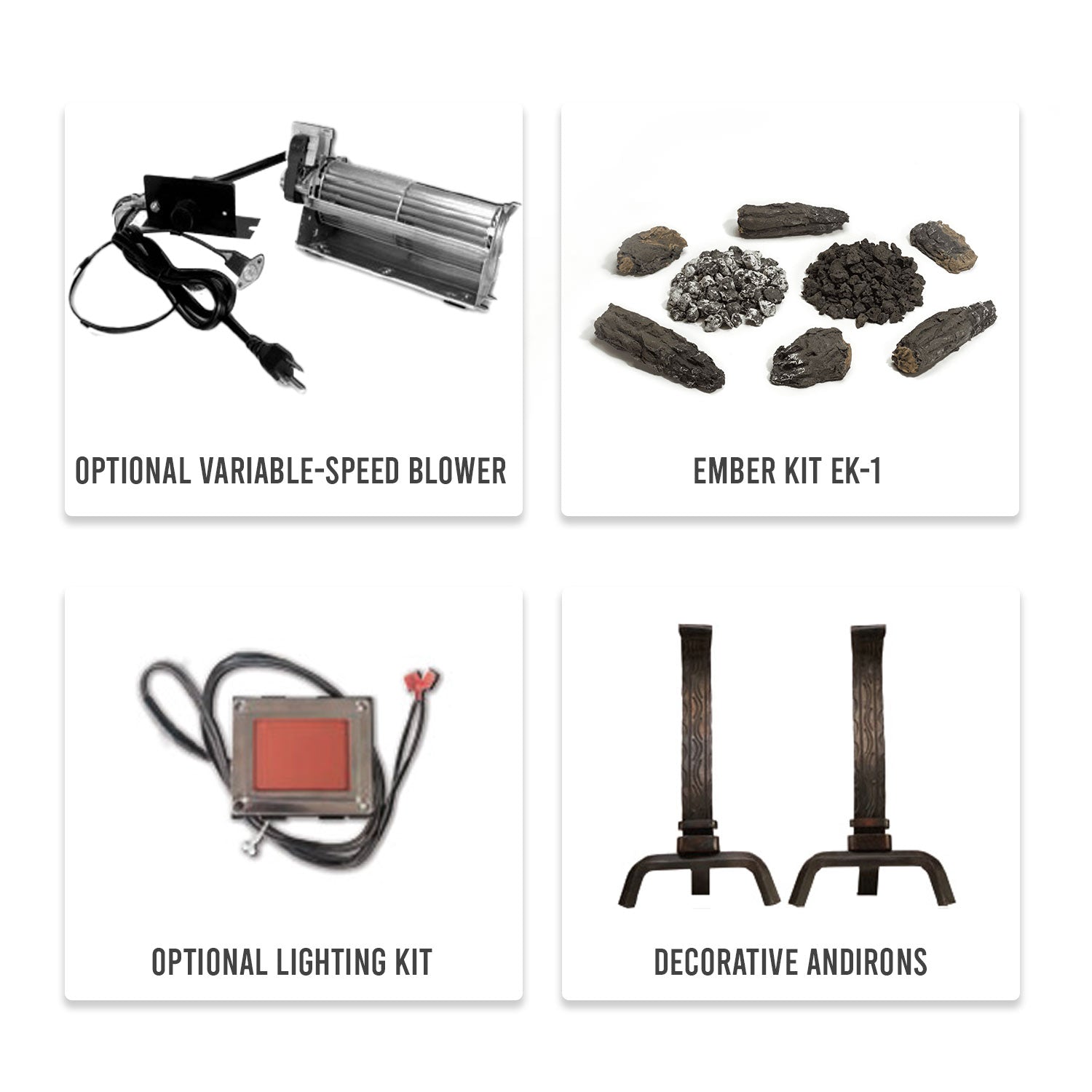 Gas fireplace accessory set: variable-speed blower, ember kit, lighting kit, decorative andirons