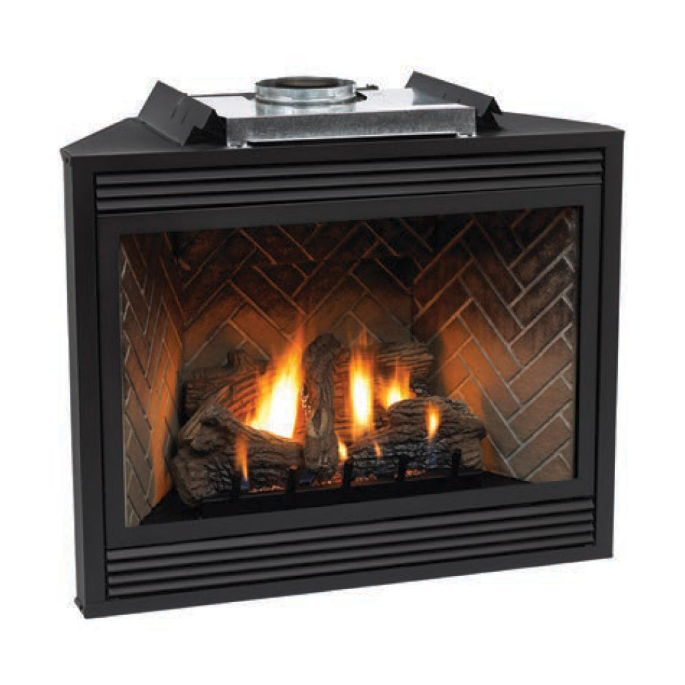 Black direct-vent fireplace with glass viewing area and burning logs