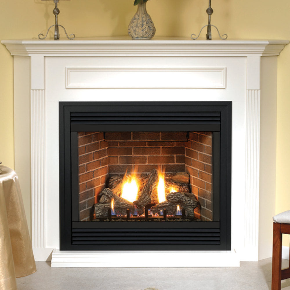Black fireplace insert with glass front and burning logs in a brick surround