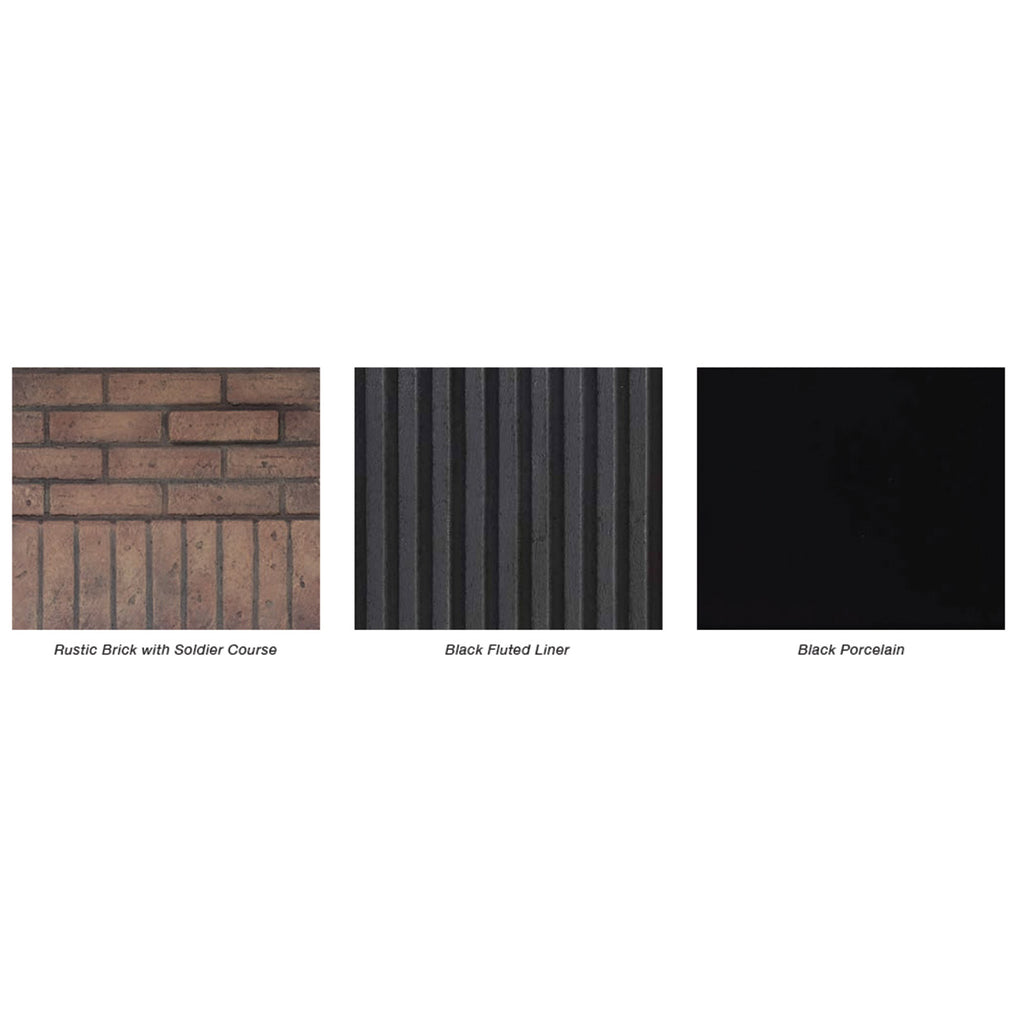 Fireplace finish swatches: rustic brick, black fluted liner, and black porcelain