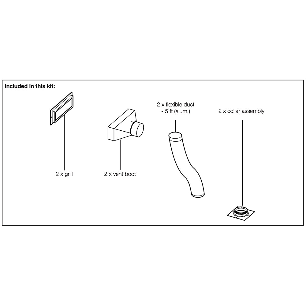 Universal heat management kit components diagram: ducts, vent boot, collar assembly, floor plate