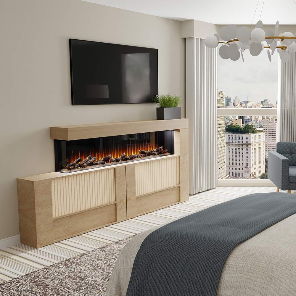 Built-in linear electric fireplace with light wood surround and orange flame effect