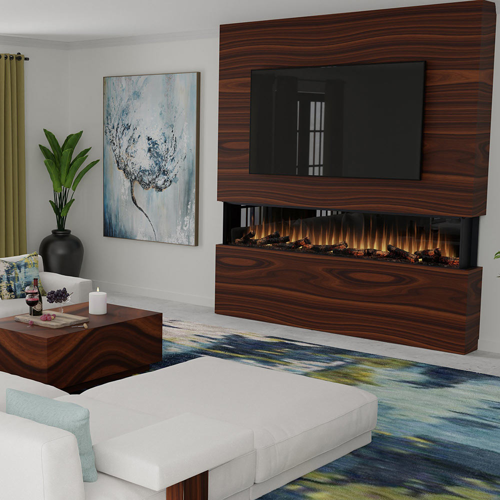 Built-in linear electric fireplace with dark wood surround and orange flame effect