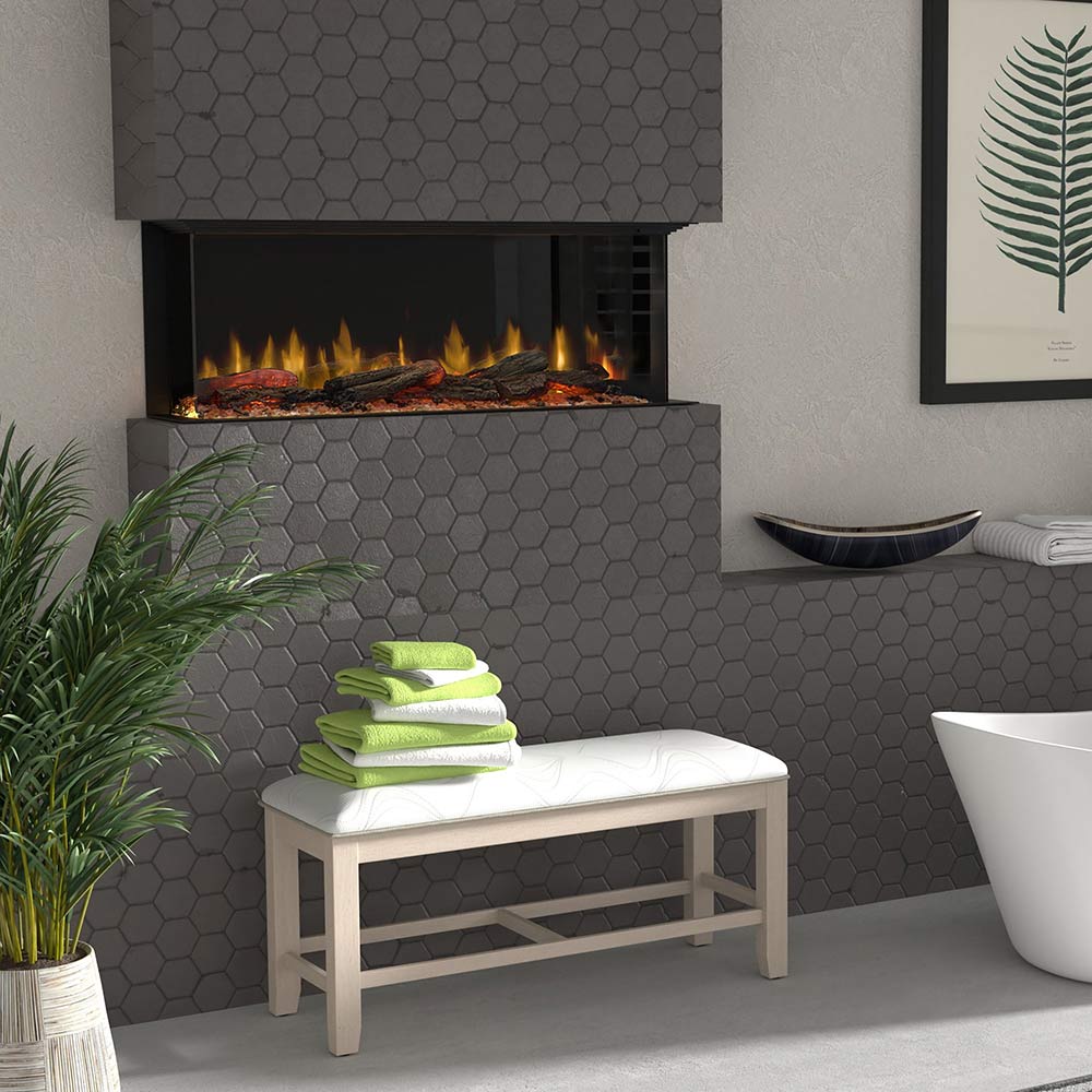 Built-in linear electric fireplace with glowing flame display in dark surround