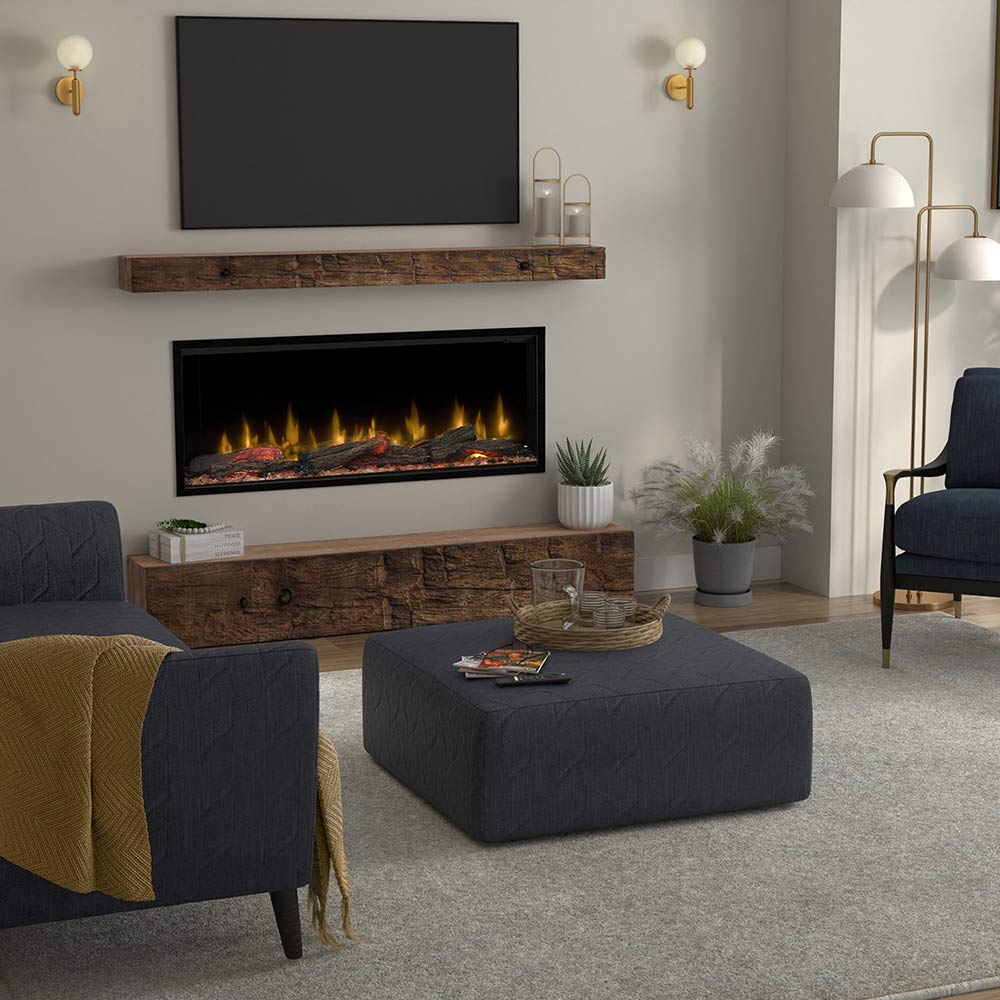 Built-in linear electric fireplace with flame bed in wood-and-dark stone surround