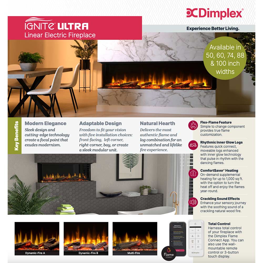 Dimplex Ignite Ultra 60-inch linear electric fireplace promo with flame and controls